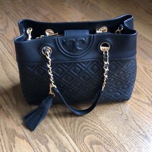 Tory Burch black quilted fleming diamond convertible tote w/ gold metalware